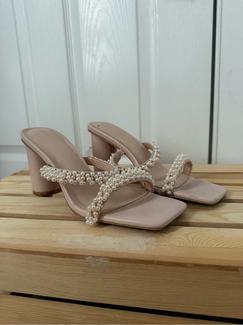 Pearl-Embellished Nude Block Heel Sandals - Women